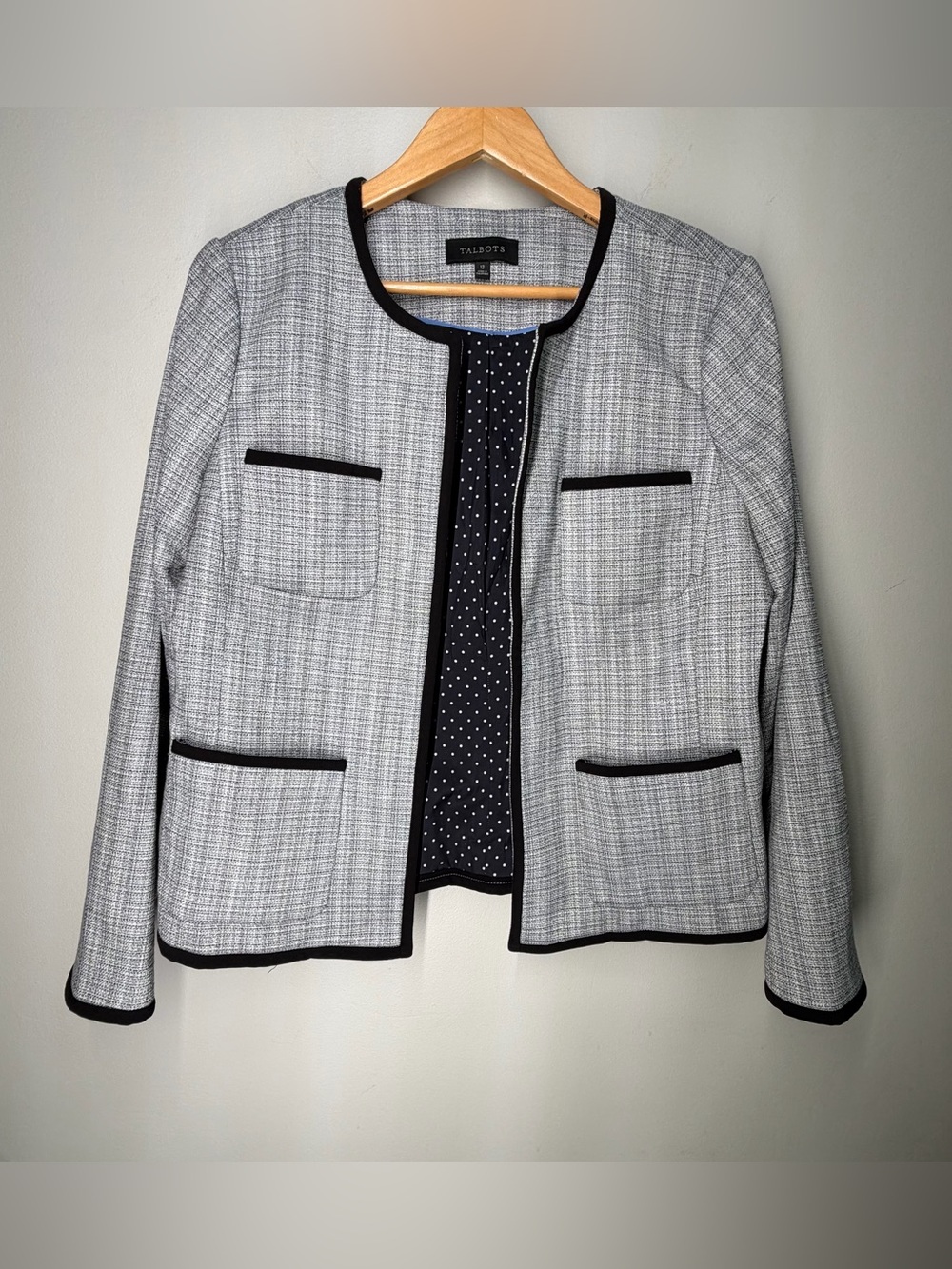 Talbots Gray Black Contrast Trim Collarless Open Front Jacket Blazer Workwear